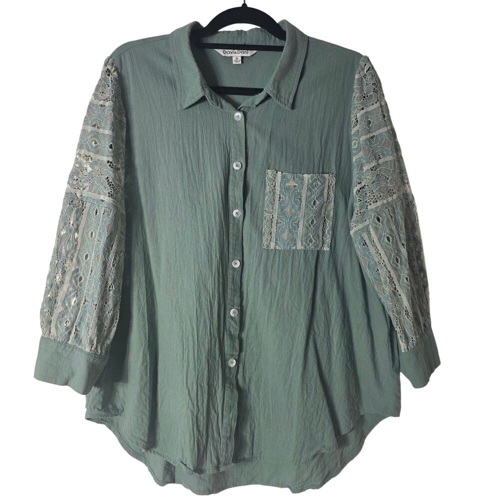 Davi & Dani Seafoam Green Geo Stripe Lace Long Sleeve Button-Up Shirt Size XL